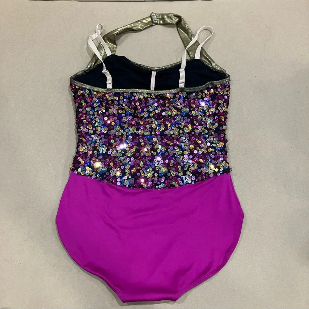 Weissman Gold and Purple Sequin Dance Bodysuit size SA Small Adult NEW - Picture 4 of 10
